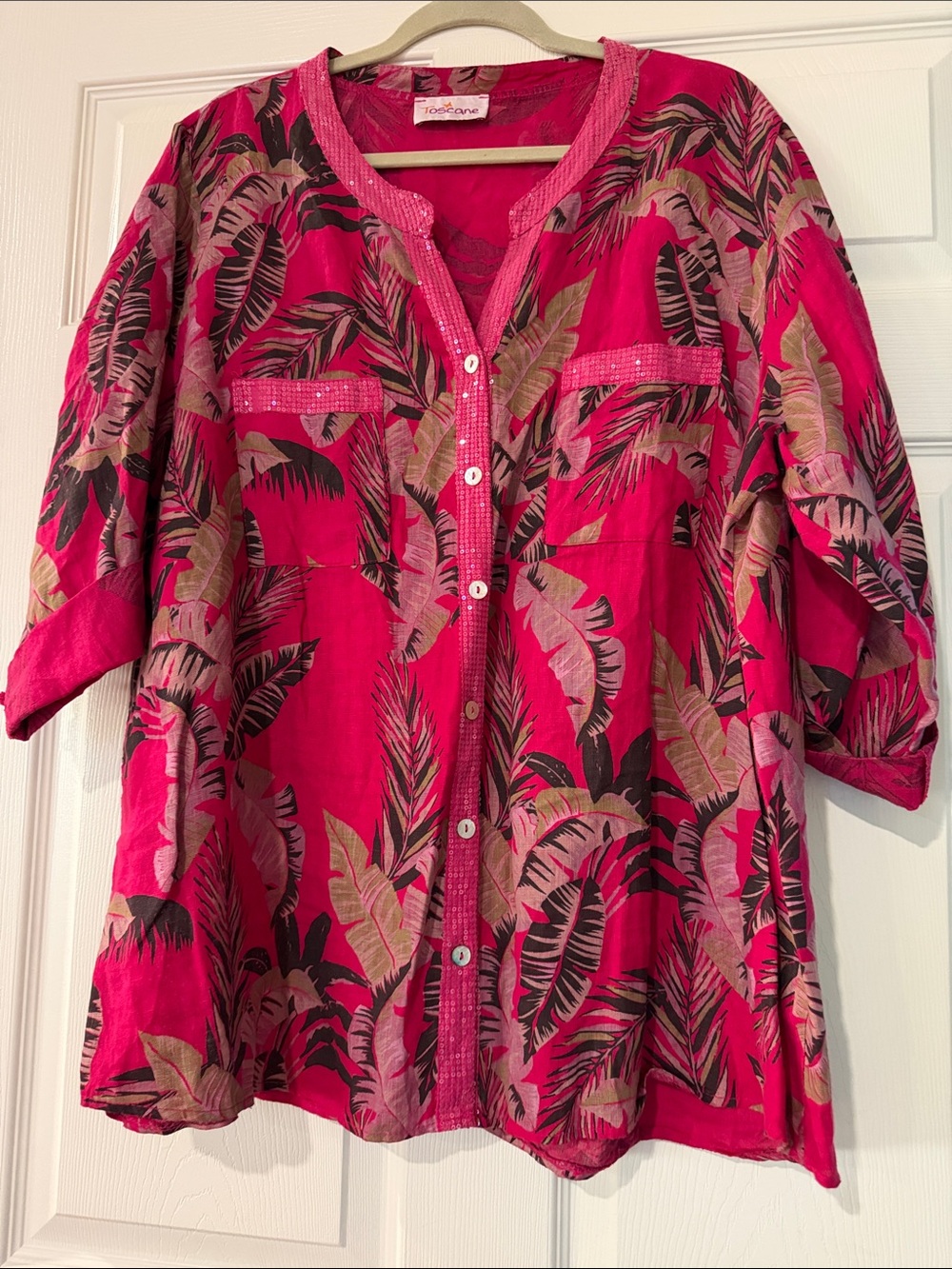 Fuchsia Tropical Print Button-Front Women's Top 100% Linen